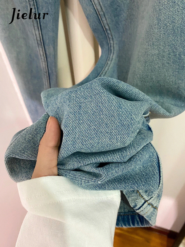 Jielur svijetloplave uske ženske traperice ravne vintage jednostavne modne ženske hlače širokih nogavica ležerne uredske dame s gumbima i patentnim zatvaračem