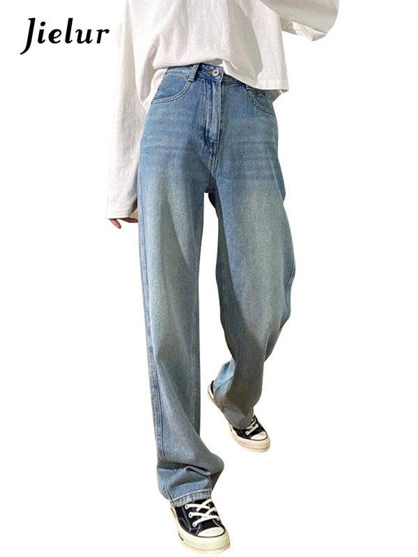 Jielur svijetloplave uske ženske traperice ravne vintage jednostavne modne ženske hlače širokih nogavica ležerne uredske dame s gumbima i patentnim zatvaračem
