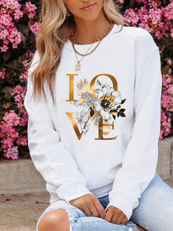 Μόδα ένδυσης γραφικά φούτερ Φθινοπωρινή άνοιξη με λαιμόκοψη Πικραλίδα Love Trend Μόδα Casual Women print Πουλόβερ