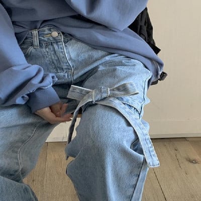 Τζιν φιόγκο Γυναικεία ίσια ψηλή μέση Κομψό γλυκό Harajuku Χαριτωμένα κορεάτικα κορίτσια με στυλ μόδας Джинсы Женские All-match Spring Chic