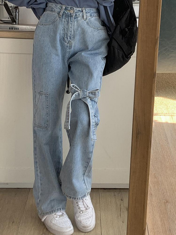 Τζιν φιόγκο Γυναικεία ίσια ψηλή μέση Κομψό γλυκό Harajuku Χαριτωμένα κορεάτικα κορίτσια με στυλ μόδας Джинсы Женские All-match Spring Chic