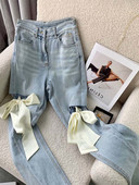 Φιόγκος ίσιο τζιν Γυναικείο Κομψό ψηλόμεσο τζιν παντελόνι Vintage Hollow Out Ropa Mujer Streetwear Κορεάτικα γυναικεία ρούχα