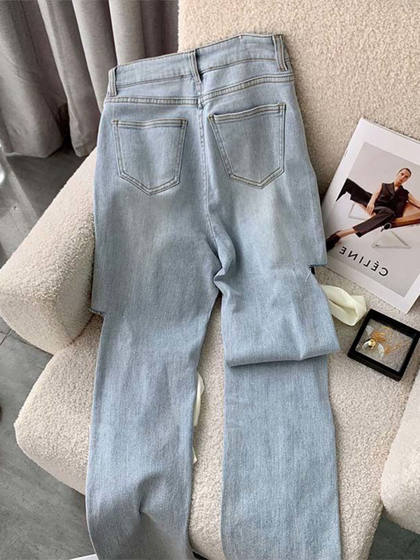 Φιόγκος ίσιο τζιν Γυναικείο Κομψό ψηλόμεσο τζιν παντελόνι Vintage Hollow Out Ropa Mujer Streetwear Κορεάτικα γυναικεία ρούχα