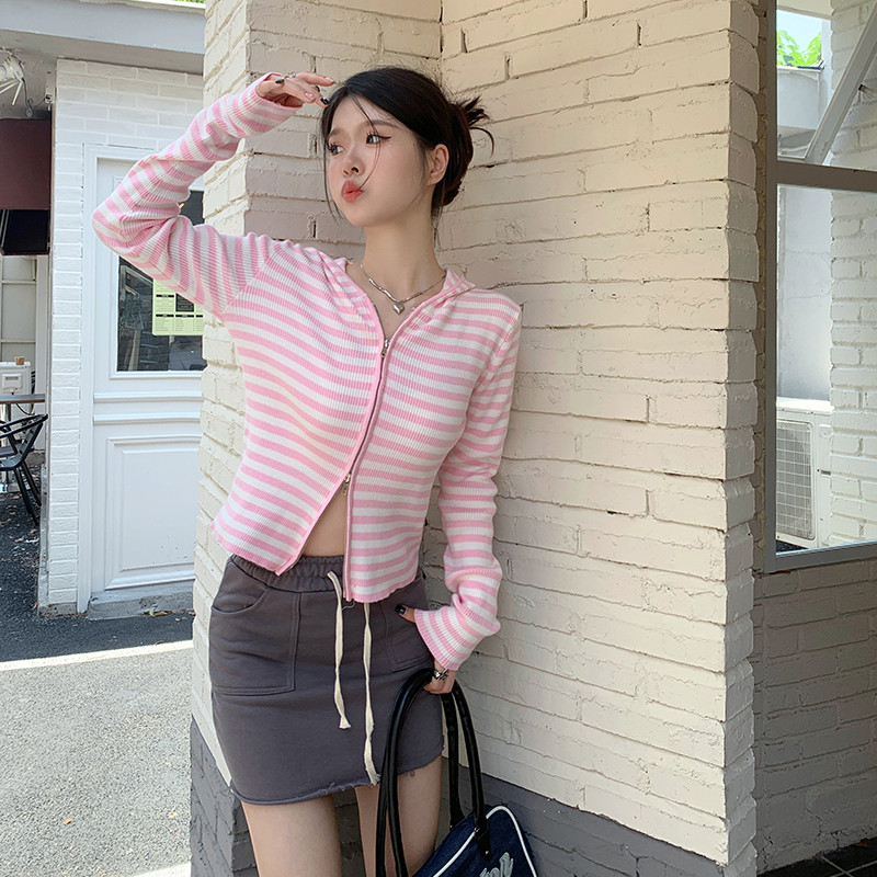 Ružičaste prugaste majice s kapuljačom Ženska jesenska pletena majica s kapuljačom Kawaii odjeća