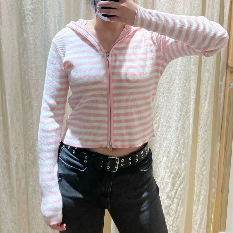 Ružičaste prugaste majice s kapuljačom Ženska jesenska pletena majica s kapuljačom Kawaii odjeća