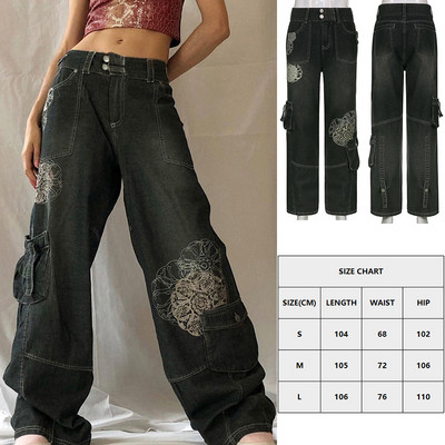Sifreyr Butterfly Print Φαρδύ τζιν Γυναικεία Φθινοπωρινά τζιν με χαμηλά τζιν παντελόνια Harajuku Streetwear Vintage Y2k Fairy Grunge Jeans