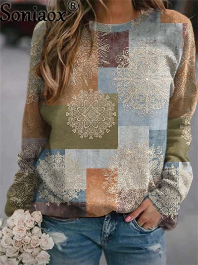 Γυναικείο μπλουζάκι με μοντέρνο φθινόπωρο 2021 Φαρδιά μακρυμάνικη στάμπα χρώματος που ταιριάζουν με την άνοιξη Κομψά γυναικεία μπλουζάκια πουλόβερ στο δρόμο