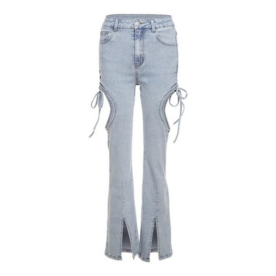 Γυναικεία ρούχα 2022 Άνοιξη Φθινόπωρο Ευρώπη και Τάση Μόδας Αμερικάνικου Στυλ Νέες γυναίκες φορούν μονόχρωμα λεπτά τζιν ψηλόμεση Γυναικεία