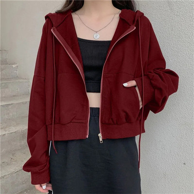 Jednostavna ženska majica s kapuljačom Harajuku s patentnim zatvaračem Jednobojna osnovna ženska odjeća s kapuljačom i džepovima dugih rukava Korejske modne ulične majice