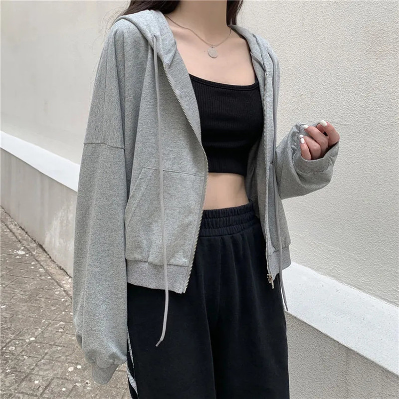 Jednostavna ženska majica s kapuljačom Harajuku s patentnim zatvaračem Jednobojna osnovna ženska odjeća s kapuljačom i džepovima dugih rukava Korejske modne ulične majice