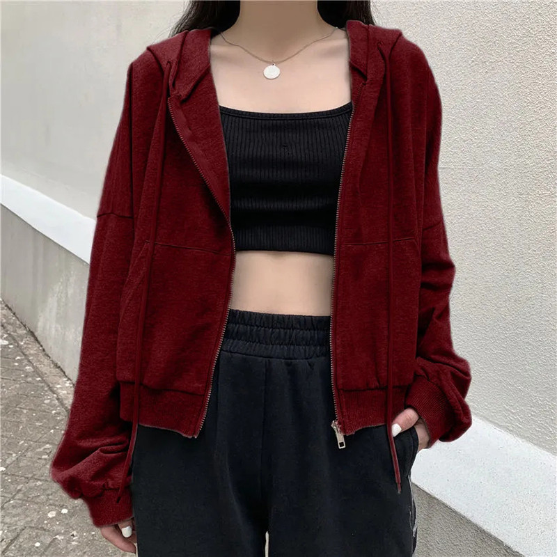 Jednostavna ženska majica s kapuljačom Harajuku s patentnim zatvaračem Jednobojna osnovna ženska odjeća s kapuljačom i džepovima dugih rukava Korejske modne ulične majice