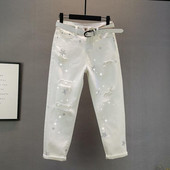 Λευκή μαύρη τρύπα Καλοκαιρινό λεπτό φαρδύ τζιν Γυναικεία ρούχα Streetwear Harajuku Παντελόνι Τζιν Παντελόνι Hot Drilling Pantalones Mujer