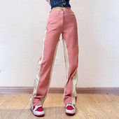 Χρώμα αντίθεσης Jean ίσιο τζιν ψηλόμεσο μακριά πόδια γυναικεία ρούχα Ολόσωμο τζιν με κουμπί Fly