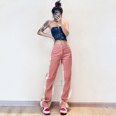 Χρώμα αντίθεσης Jean ίσιο τζιν ψηλόμεσο μακριά πόδια γυναικεία ρούχα Ολόσωμο τζιν με κουμπί Fly