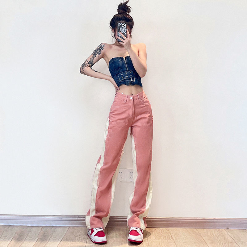 Χρώμα αντίθεσης Jean ίσιο τζιν ψηλόμεσο μακριά πόδια γυναικεία ρούχα Ολόσωμο τζιν με κουμπί Fly