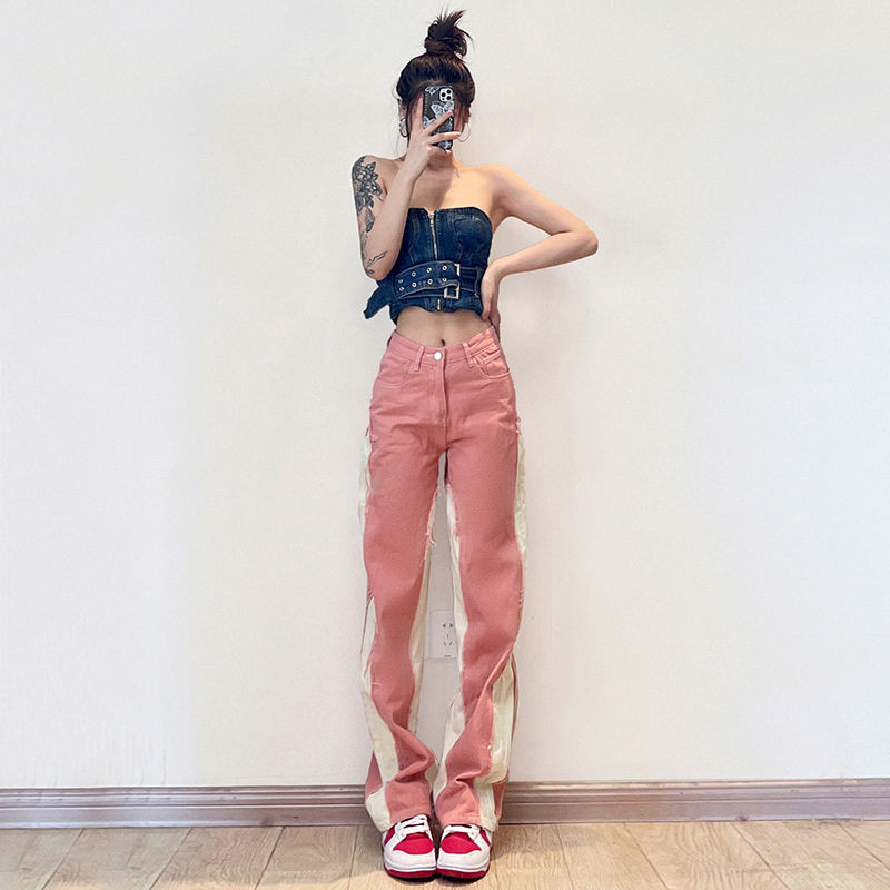 Χρώμα αντίθεσης Jean ίσιο τζιν ψηλόμεσο μακριά πόδια γυναικεία ρούχα Ολόσωμο τζιν με κουμπί Fly