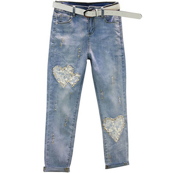 Heart Lace Cut Out Jeans Γυναικεία 2022 Άνοιξη Καλοκαίρι Ελαστικό Slim Hot Drill Pencil Παντελόνι Γυναικείο Παντελόνι Street Jenim Γυναικείο παντελόνι