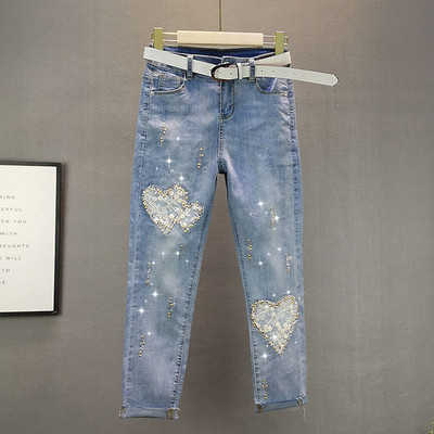 Heart Lace Cut Out Jeans Γυναικεία 2022 Άνοιξη Καλοκαίρι Ελαστικό Slim Hot Drill Pencil Παντελόνι Γυναικείο Παντελόνι Street Jenim Γυναικείο παντελόνι
