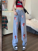 Κορεατική μόδα Cross απλικέ Plus Size Τζιν για γυναίκες Άνοιξη φθινόπωρο ψηλόμεσο ίσιο φαρδύ παντελόνι Casual τζιν παντελόνι Y2k