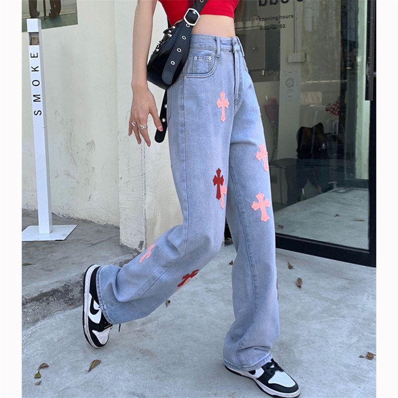 Κορεατική μόδα Cross απλικέ Plus Size Τζιν για γυναίκες Άνοιξη φθινόπωρο ψηλόμεσο ίσιο φαρδύ παντελόνι Casual τζιν παντελόνι Y2k