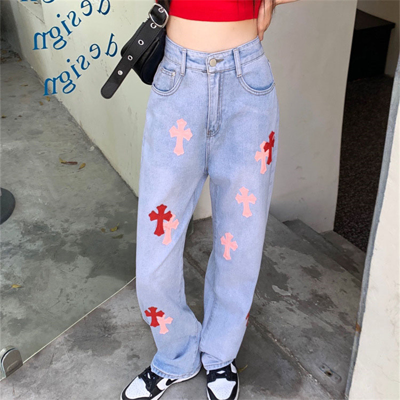 Κορεατική μόδα Cross απλικέ Plus Size Τζιν για γυναίκες Άνοιξη φθινόπωρο ψηλόμεσο ίσιο φαρδύ παντελόνι Casual τζιν παντελόνι Y2k
