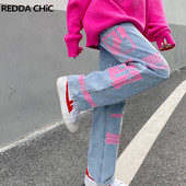 REDDACHiC Y2k teksad Naiste graafilised roosad vabaaja püksid, sirged laia säärega 2022 trendipüksid, naiste riidest Korea mood tänavarõivad