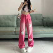 Vintage ružičaste spojene Y2K široke traperice Ženske ženske ulične traper hlače s otisnutim zvijezdama u američkom stilu, Modne hlače visokog struka