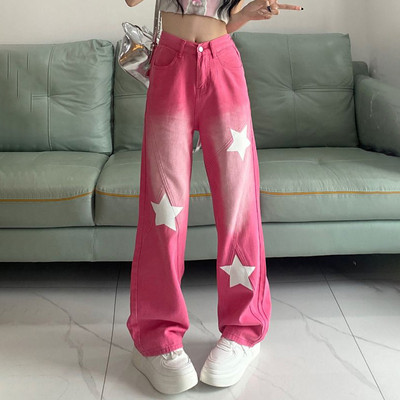 Vintage ružičaste spojene Y2K široke traperice Ženske ženske ulične traper hlače s otisnutim zvijezdama u američkom stilu, Modne hlače visokog struka