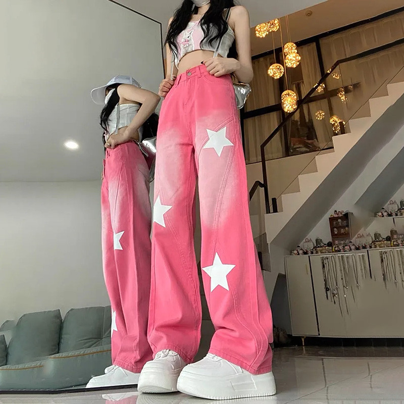 Vintage ružičaste spojene Y2K široke traperice Ženske ženske ulične traper hlače s otisnutim zvijezdama u američkom stilu, Modne hlače visokog struka