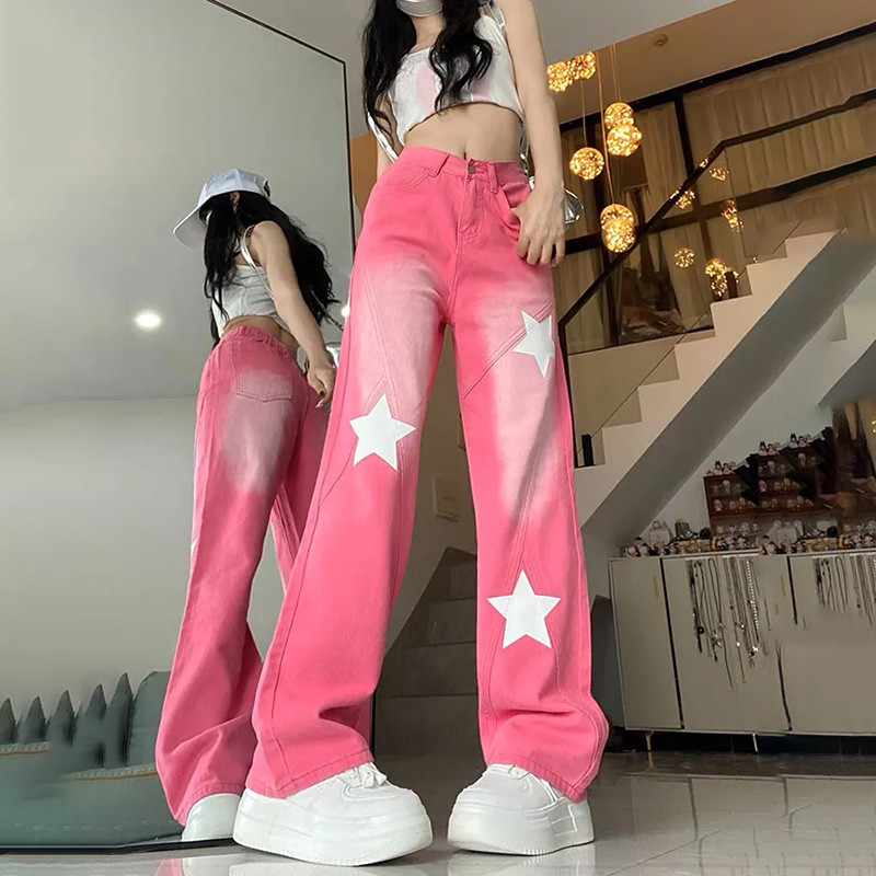 Vintage ružičaste spojene Y2K široke traperice Ženske ženske ulične traper hlače s otisnutim zvijezdama u američkom stilu, Modne hlače visokog struka