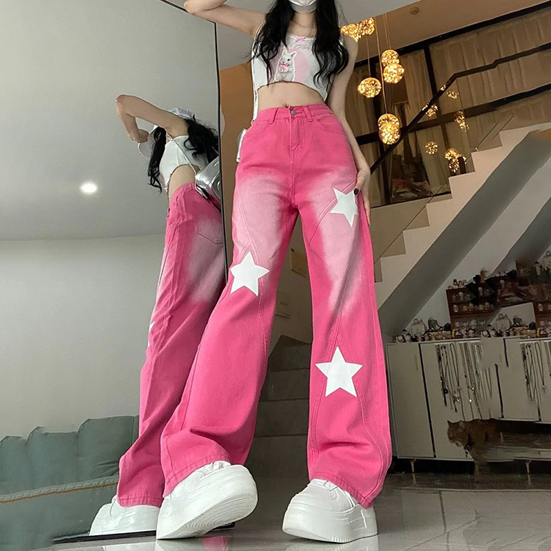 Vintage ružičaste spojene Y2K široke traperice Ženske ženske ulične traper hlače s otisnutim zvijezdama u američkom stilu, Modne hlače visokog struka