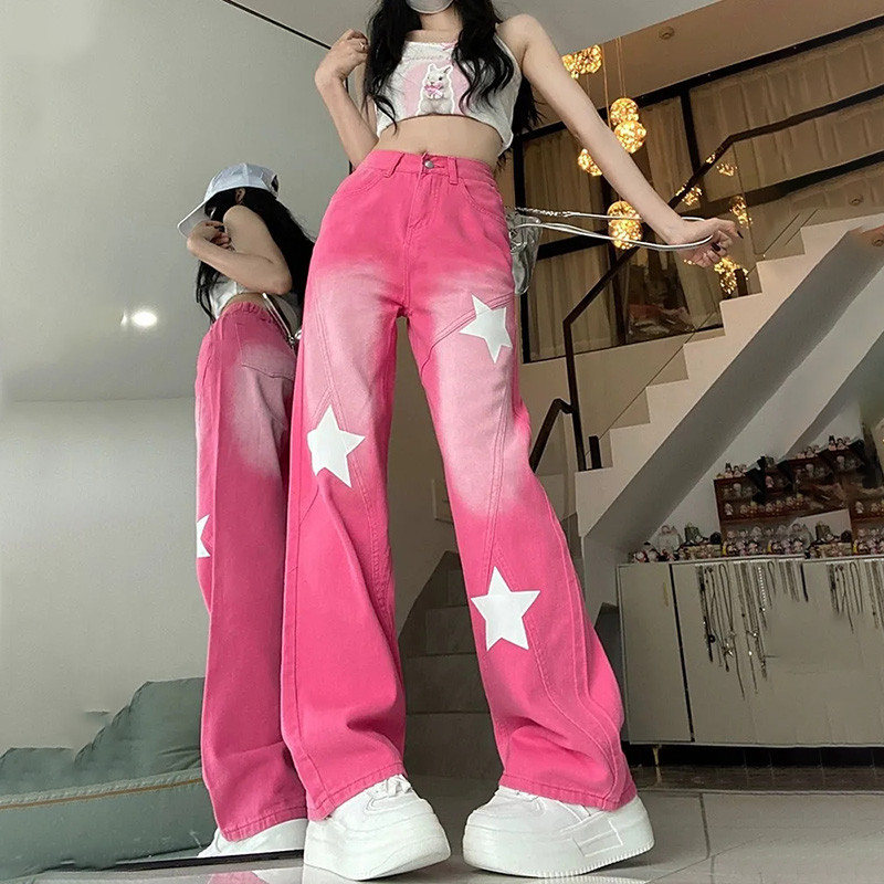 Vintage ružičaste spojene Y2K široke traperice Ženske ženske ulične traper hlače s otisnutim zvijezdama u američkom stilu, Modne hlače visokog struka