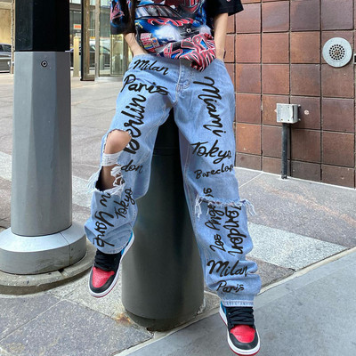 Naiste teksapüksid trendikas brändi plahvatusstiilis räbaldunud harjatud trükitud hip-hop tänavateksad tasuta kohaletoimetamine Y2K retro