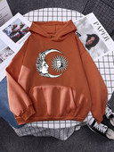 ήλιος και φεγγάρι ζωγραφισμένο στο χέρι σε στυλ High Street Γυναικείες μπλούζες με κουκούλα αισθητικής ζεστές μπλούζες Δημιουργικότητα Φούτερ Φαρδιά μαλακά εξωτερικά ενδύματα