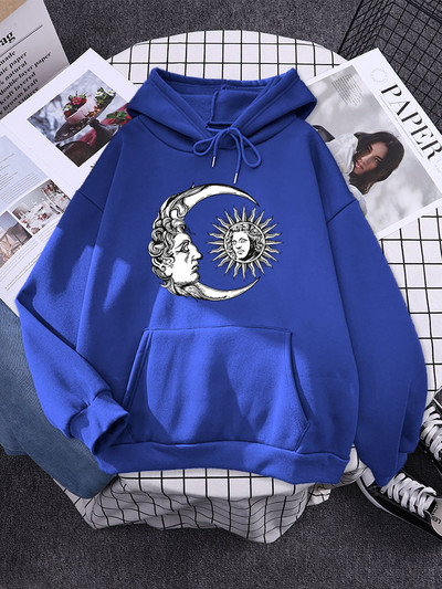 ήλιος και φεγγάρι ζωγραφισμένο στο χέρι σε στυλ High Street Γυναικείες μπλούζες με κουκούλα αισθητικής ζεστές μπλούζες Δημιουργικότητα Φούτερ Φαρδιά μαλακά εξωτερικά ενδύματα