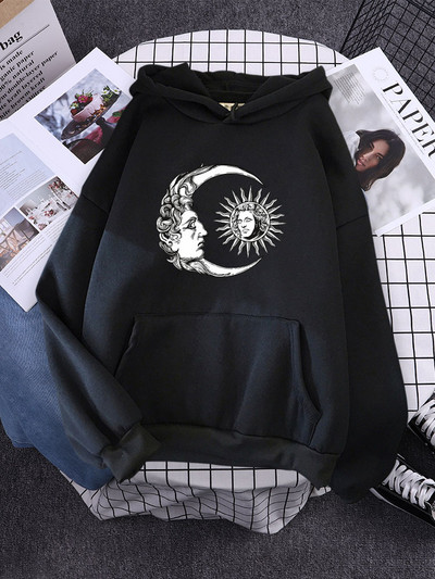 ήλιος και φεγγάρι ζωγραφισμένο στο χέρι σε στυλ High Street Γυναικείες μπλούζες με κουκούλα αισθητικής ζεστές μπλούζες Δημιουργικότητα Φούτερ Φαρδιά μαλακά εξωτερικά ενδύματα