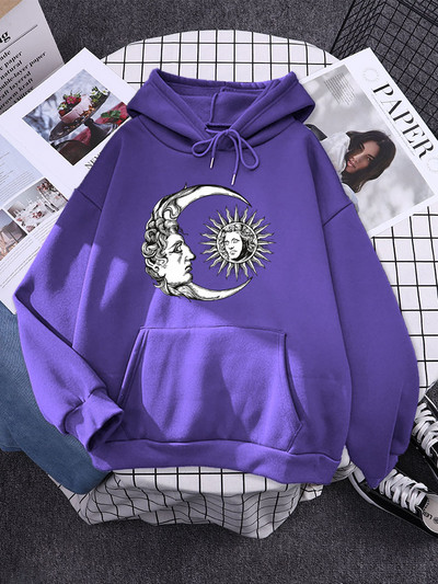 ήλιος και φεγγάρι ζωγραφισμένο στο χέρι σε στυλ High Street Γυναικείες μπλούζες με κουκούλα αισθητικής ζεστές μπλούζες Δημιουργικότητα Φούτερ Φαρδιά μαλακά εξωτερικά ενδύματα