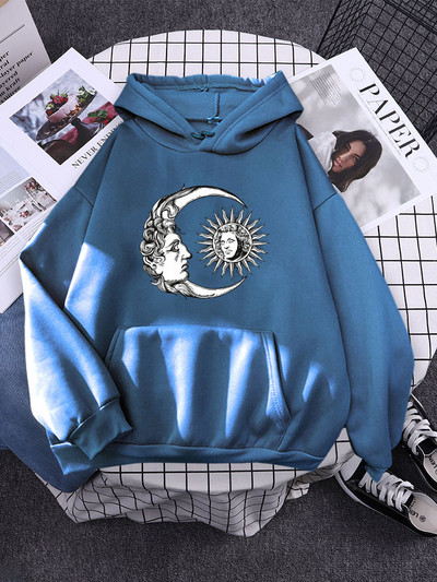 ήλιος και φεγγάρι ζωγραφισμένο στο χέρι σε στυλ High Street Γυναικείες μπλούζες με κουκούλα αισθητικής ζεστές μπλούζες Δημιουργικότητα Φούτερ Φαρδιά μαλακά εξωτερικά ενδύματα