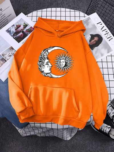 ήλιος και φεγγάρι ζωγραφισμένο στο χέρι σε στυλ High Street Γυναικείες μπλούζες με κουκούλα αισθητικής ζεστές μπλούζες Δημιουργικότητα Φούτερ Φαρδιά μαλακά εξωτερικά ενδύματα