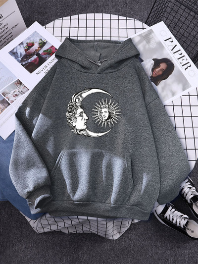ήλιος και φεγγάρι ζωγραφισμένο στο χέρι σε στυλ High Street Γυναικείες μπλούζες με κουκούλα αισθητικής ζεστές μπλούζες Δημιουργικότητα Φούτερ Φαρδιά μαλακά εξωτερικά ενδύματα