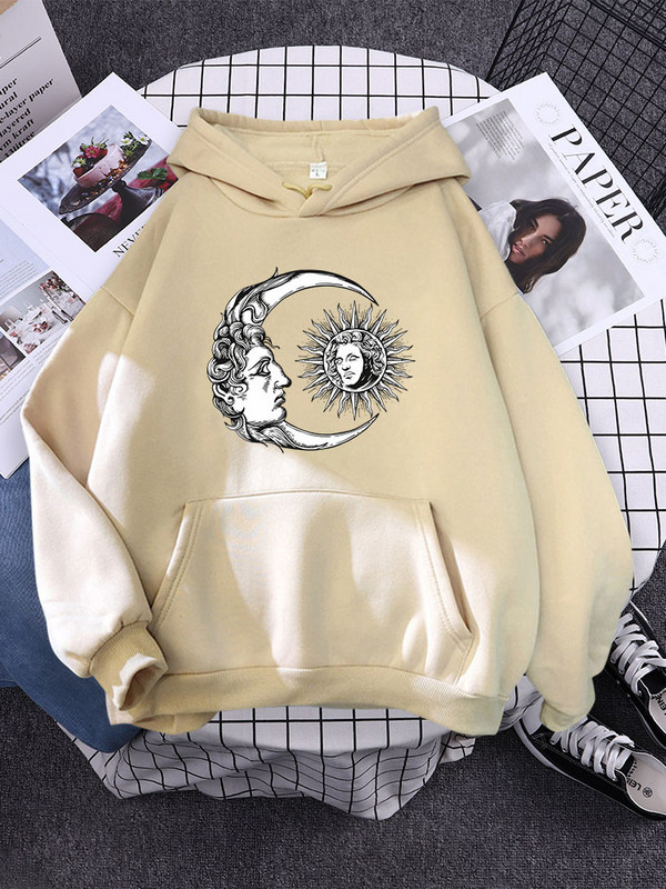 ήλιος και φεγγάρι ζωγραφισμένο στο χέρι σε στυλ High Street Γυναικείες μπλούζες με κουκούλα αισθητικής ζεστές μπλούζες Δημιουργικότητα Φούτερ Φαρδιά μαλακά εξωτερικά ενδύματα