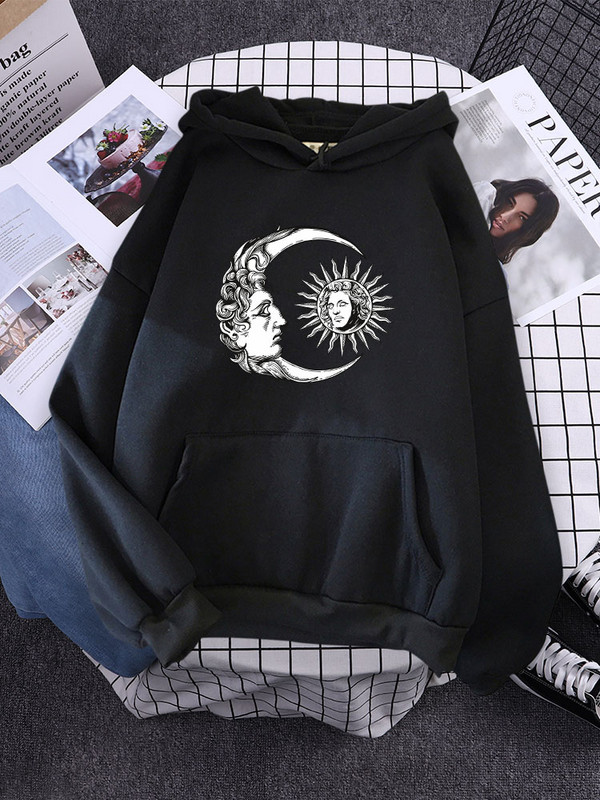 ήλιος και φεγγάρι ζωγραφισμένο στο χέρι σε στυλ High Street Γυναικείες μπλούζες με κουκούλα αισθητικής ζεστές μπλούζες Δημιουργικότητα Φούτερ Φαρδιά μαλακά εξωτερικά ενδύματα