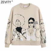 Zevity New 2021 Γυναικεία μόδα Beauty Girls Print Casual Φούτερ Γυναικείες Πλεκτές κουκούλες Basic O λαιμόκοψη Κομψά πουλόβερ H510