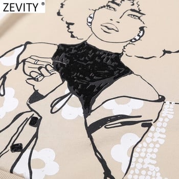 Zevity Нови 2021 г. Дамска мода Красота Момичета Ежедневни суичъри с принт Дамски плетени суичъри с О деколте Шикозни пуловери H510