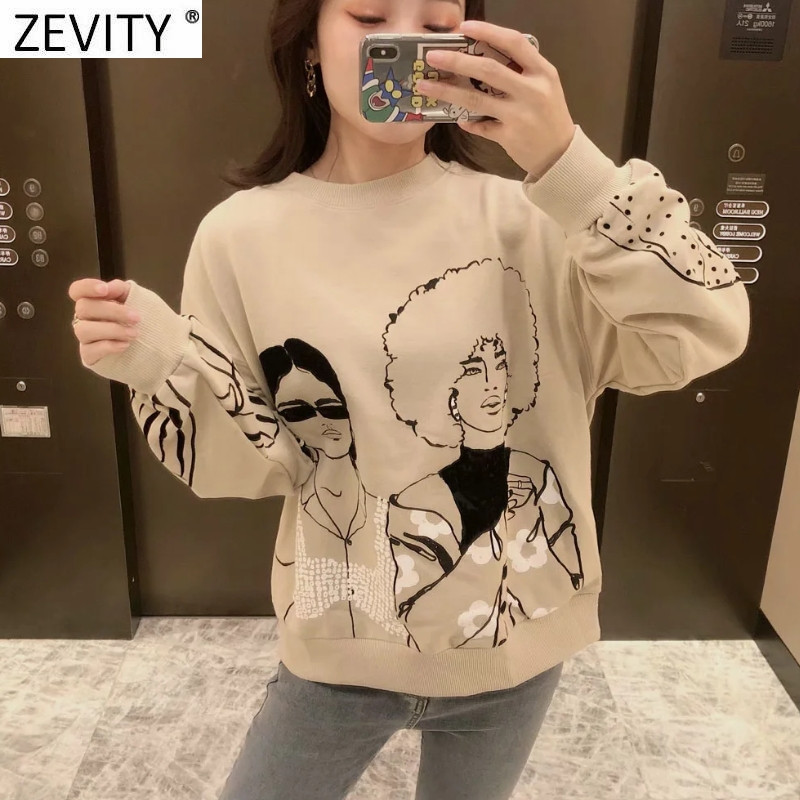 Zevity New 2021 Γυναικεία μόδα Beauty Girls Print Casual Φούτερ Γυναικείες Πλεκτές κουκούλες Basic O λαιμόκοψη Κομψά πουλόβερ H510