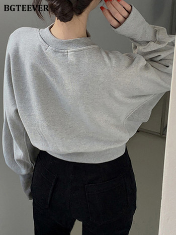 BGTEEVER Ежедневни пачуърк пуловери Суичъри Дамски О-образно деколте с дълъг ръкав Свободни дамски едноцветни пуловери S