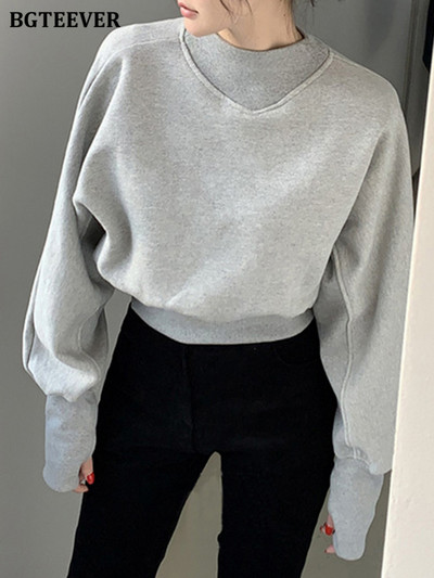 BGTEEVER Casual Patchwork Πουλόβερ Γυναικείες μπλούζες με λαιμόκοψη με μακρύ μανίκι φαρδιά γυναικεία μασίφ πουλόβερ S