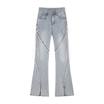 American Split Jeans Γυναικεία Μόδα Ροζ Επίδεσμος Ψηλόμεση Ακανόνιστο ζεμένο τζιν παντελόνι με φερμουάρ Fly παντελόνι Y2k Pantalon Femme