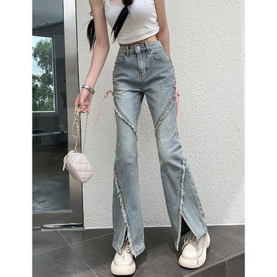 American Split Jeans Ženske modne ružičaste poveze visokog struka Nepravilno spojene traper hlače S patentnim zatvaračem Fly Hlače Y2k Pantalon Femme