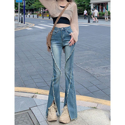 American Split Jeans Γυναικεία Μόδα Ροζ Επίδεσμος Ψηλόμεση Ακανόνιστο ζεμένο τζιν παντελόνι με φερμουάρ Fly παντελόνι Y2k Pantalon Femme